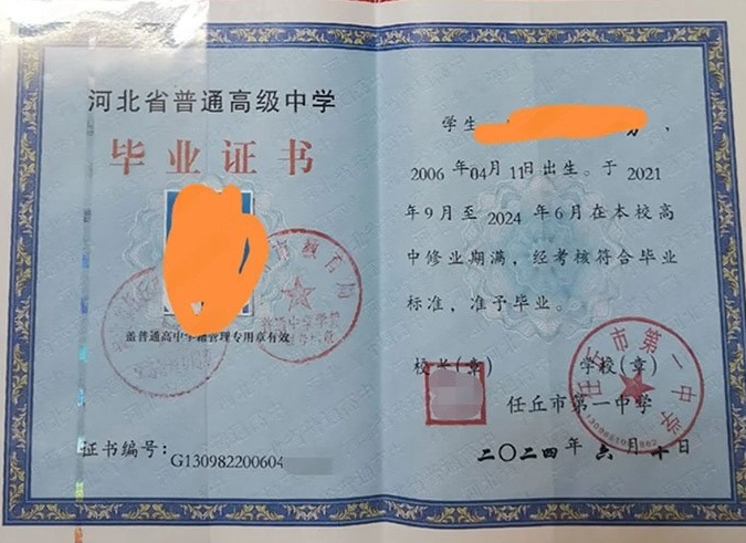 昭通任丘市第一中学高中毕业证样本图片